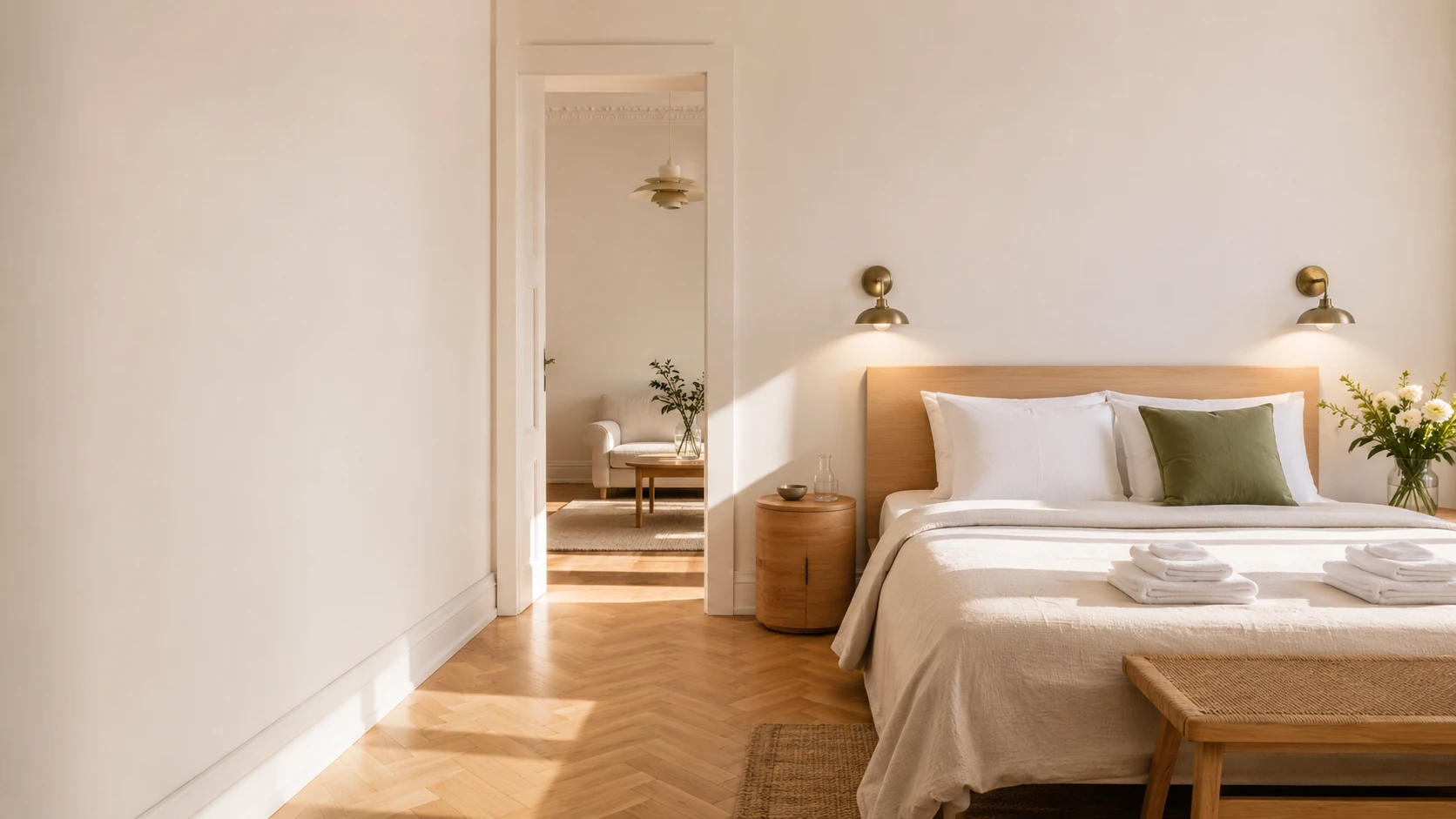 Quiet bedroom prepared with crisp linens and warm natural light