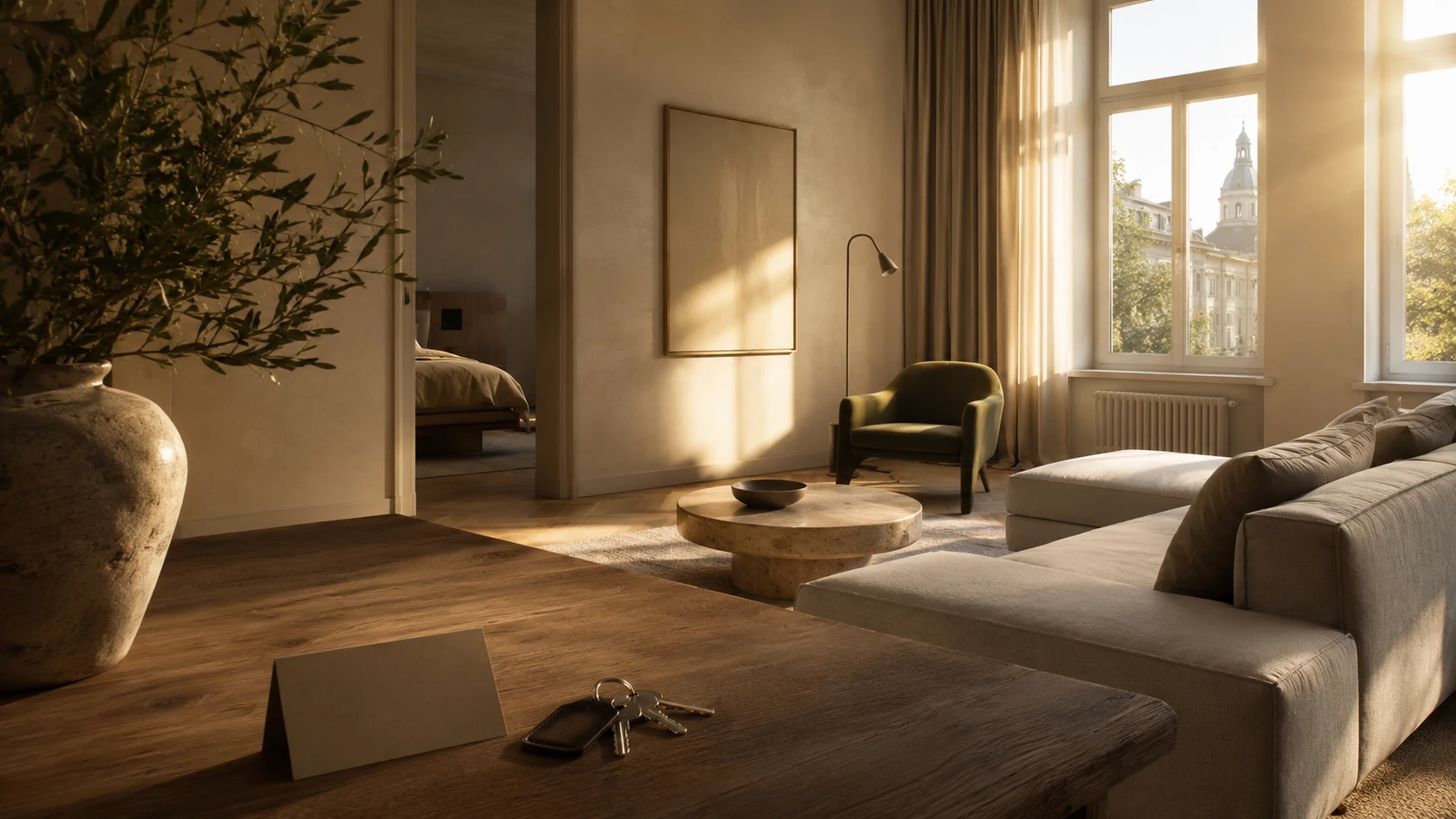 Sunlit living room prepared for an architectural photograph